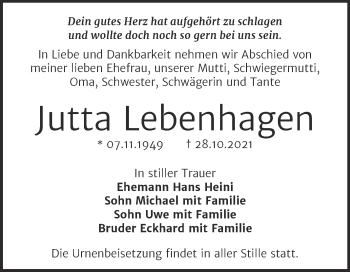 Traueranzeige von Jutta Lebenhagen von Trauerkombi Bernburg