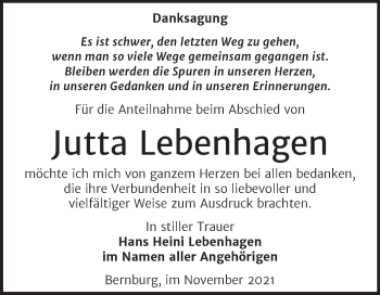 Traueranzeige von Jutta Lebenhagen von Trauerkombi Bernburg