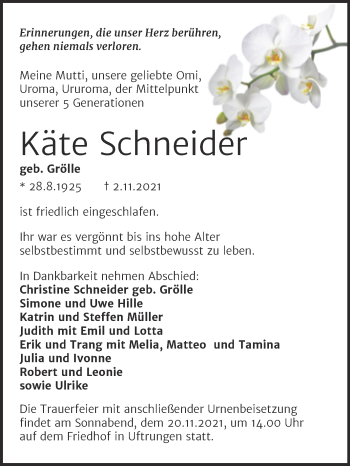 Traueranzeige von Käte Schneider von Trauerkombi Sangerhausen