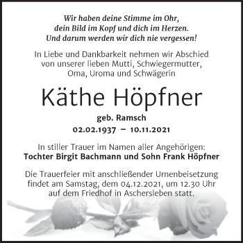 Traueranzeige von Käthe Höpfner von Trauerkombi Aschersleben