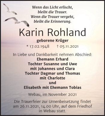 Traueranzeige von Kann Rohland von Trauerkombi Weißenfels