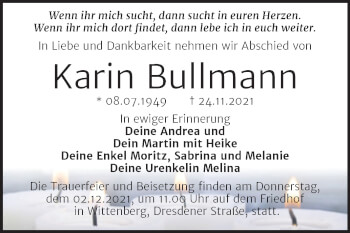 Traueranzeige von Karin Bullmann von Super Sonntag Wittenberg