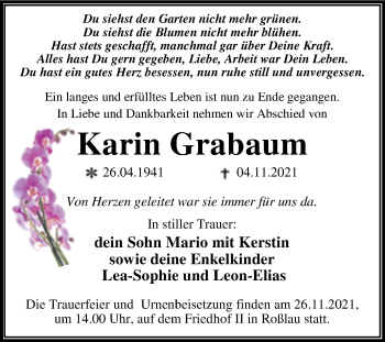Traueranzeige von Karin Grabaum von Trauerkombi Dessau