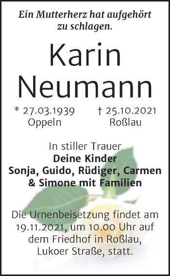 Traueranzeige von Karin Neumann von Trauerkombi Wittenberg