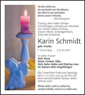 Traueranzeige von Karin Schmidt von Trauerkombi Dessau