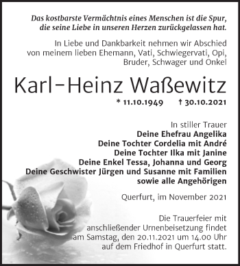 Traueranzeige von Karl-Heinz Waßewitz von Trauerkombi Merseburg