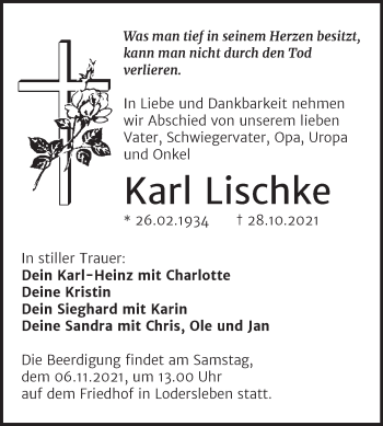 Traueranzeige von Karl Lischke von Trauerkombi Merseburg