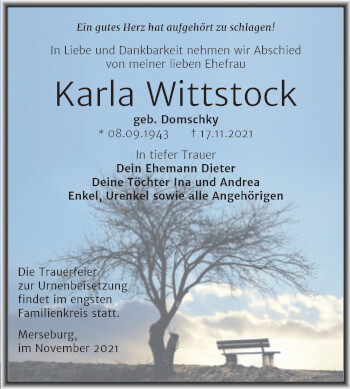 Traueranzeige von Karla Wittstock von Trauerkombi Merseburg