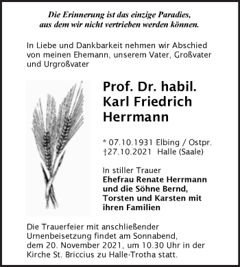 Traueranzeige von Karl Friedrich Herrmann von Mitteldeutsche Zeitung Halle/Saalkreis