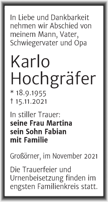 Traueranzeige von Karlo Hochgräfer von Trauerkombi Mansfelder Land