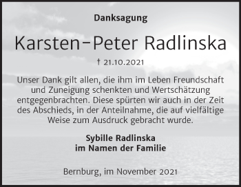 Traueranzeige von Karsten-Peter Radlinska von Trauerkombi Bernburg