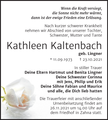 Traueranzeige von Kathleen Kaltenbach von Trauerkombi Wittenberg