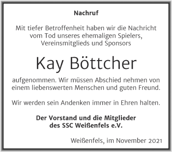 Traueranzeige von Kay Böttcher von Mitteldeutsche Zeitung Weißenfels