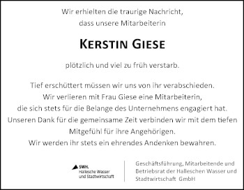 Traueranzeige von Kerstin Giese von Mitteldeutsche Zeitung Halle/Saalkreis