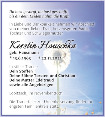 Traueranzeige von Kerstin Houschka von Trauerkombi Weißenfels