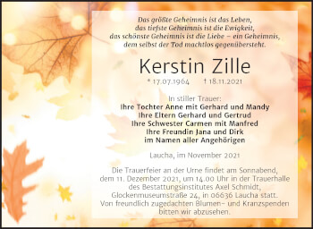 Traueranzeige von Kerstin Zille von Naumburger Tageblatt