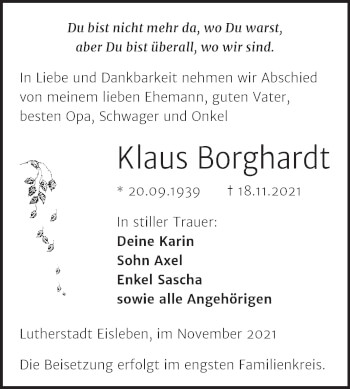 Traueranzeige von Klaus Borghardt von Trauerkombi Mansfelder Land