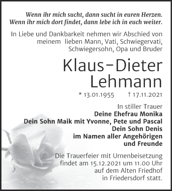 Traueranzeige von Klaus-Dieter Lehmann von Trauerkombi Bitterfeld