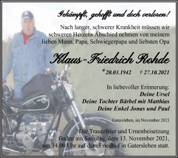 Traueranzeige von Klaus-Friedrich Rohde von Trauerkombi Aschersleben