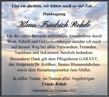 Traueranzeige von Klaus-Friedrich Rohde von Trauerkombi Aschersleben
