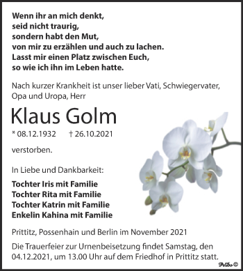 Traueranzeige von Klaus Golm von Trauerkombi Weißenfels