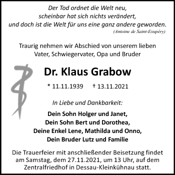 Traueranzeige von Klaus Grabow von Trauerkombi Dessau