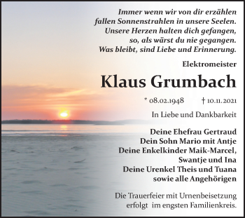 Traueranzeige von Klaus Grumbach von Trauerkombi Bitterfeld