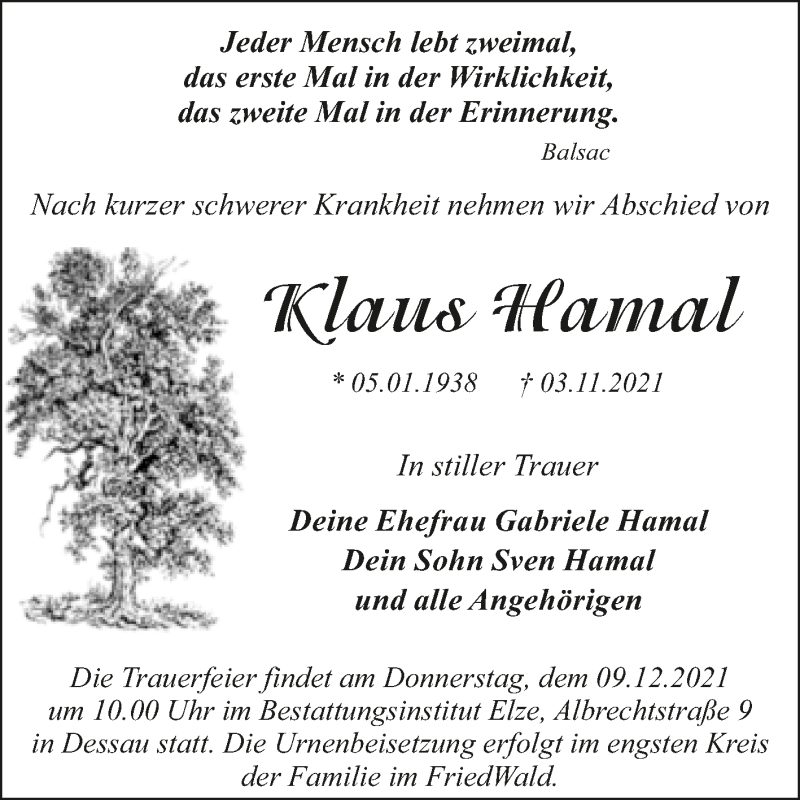  Traueranzeige für Klaus Hamal vom 13.11.2021 aus Trauerkombi Dessau