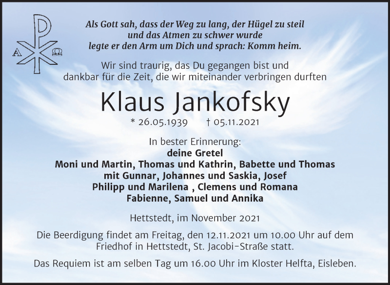  Traueranzeige für Klaus Jankofsky vom 10.11.2021 aus Mitteldeutsche Zeitung Mansfelder Land
