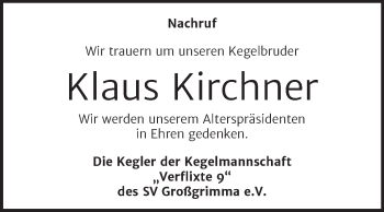Traueranzeige von Klaus Kirchner von Trauerkombi Weißenfels