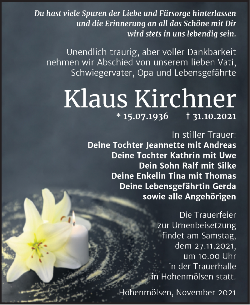  Traueranzeige für Klaus Kirchner vom 06.11.2021 aus Trauerkombi Weißenfels