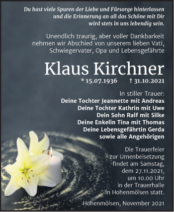Traueranzeige von Klaus Kirchner von Trauerkombi Weißenfels