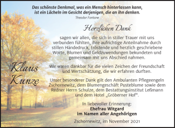 Traueranzeige von Klaus Kunze von Trauerkombi Wittenberg