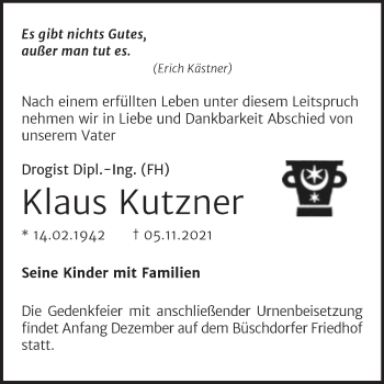 Traueranzeige von Klaus Kutzner von Mitteldeutsche Zeitung Halle/Saalkreis