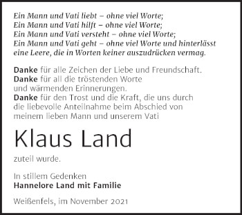 Traueranzeige von Klaus Land von Trauerkombi Weißenfels