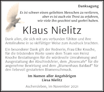 Traueranzeige von Klaus Nielitz von Trauerkombi Aschersleben