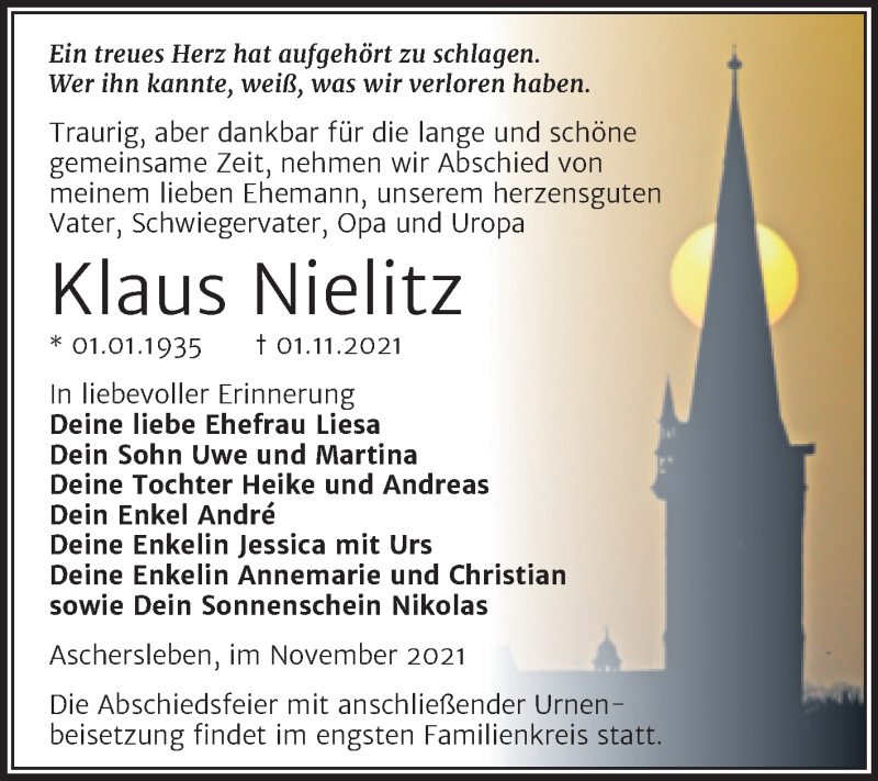  Traueranzeige für Klaus Nielitz vom 06.11.2021 aus Trauerkombi Weißenfels