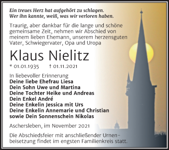 Traueranzeige von Klaus Nielitz von Trauerkombi Weißenfels
