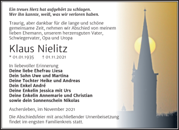 Traueranzeige von Klaus Nielitz von Trauerkombi Aschersleben
