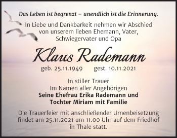 Traueranzeige von Klaus Rademann von Trauerkombi Quedlinburg