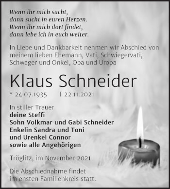 Traueranzeige von Klaus Schneider von Trauerkombi Zeitz
