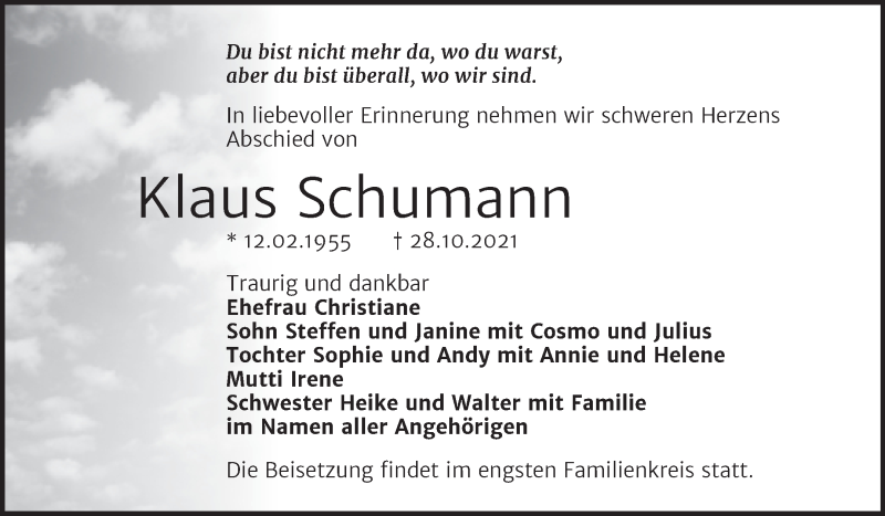  Traueranzeige für Klaus Schumann vom 02.11.2021 aus Trauerkombi Bernburg
