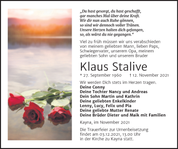 Traueranzeige von Klaus Stalive von Trauerkombi Zeitz