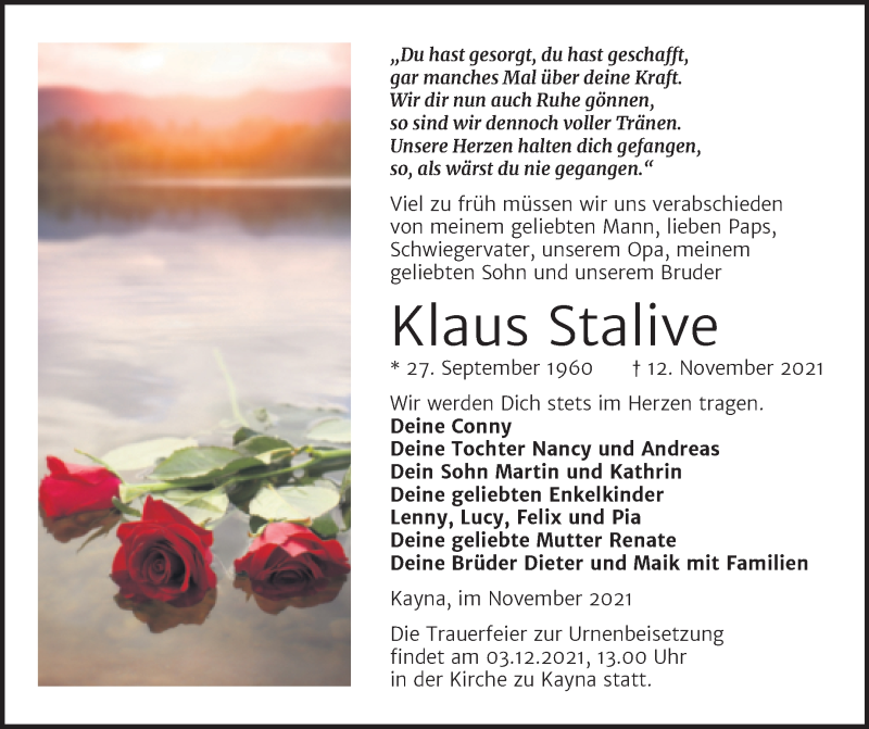  Traueranzeige für Klaus Stalive vom 20.11.2021 aus Trauerkombi Zeitz