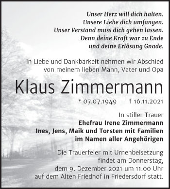 Traueranzeige von Klaus Zimmermann von Trauerkombi Bitterfeld