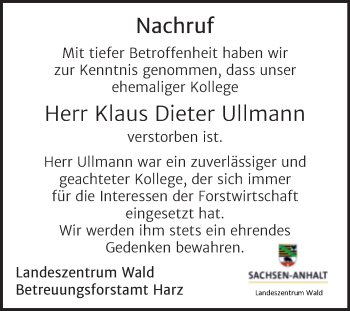 Traueranzeige von Klaus Dieter Ullmann von Mitteldeutsche Zeitung Quedlingburg