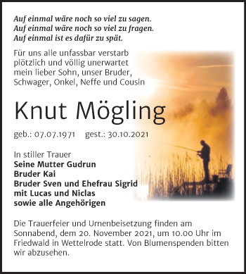 Traueranzeige von Knut Mögling von Trauerkombi Sangerhausen