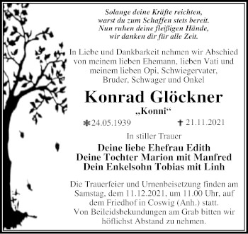 Traueranzeige von Konrad Glöckner von Trauerkombi Wittenberg