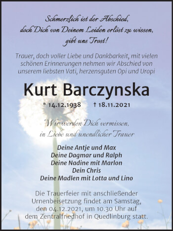 Traueranzeige von Kurt Barczynska von Trauerkombi Quedlinburg