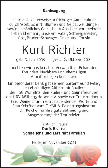 Traueranzeige von Kurt Richter von Mitteldeutsche Zeitung Halle/Saalkreis